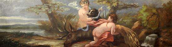 English School c.1900 Putti in classical landscapes, 17.5 x 66.5in, one 17.5 x 64in.